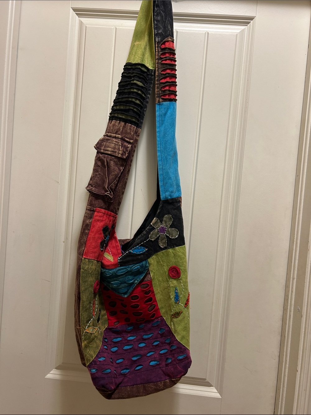 Nepal Boho Patchwork Sling Bag in Green, Blue & Purple